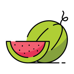 A cartoon illustration of a green watermelon with a slice of watermelon in front