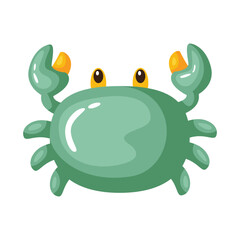 A cartoon illustration of a green crab with yellow eyes