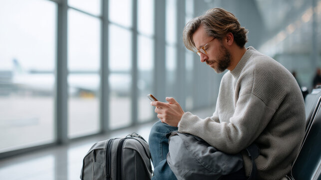 Side profile of traveler checking phone at airport with rolling luggage
