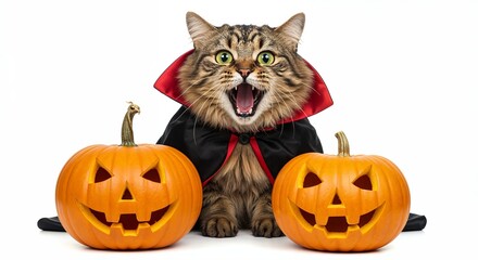 Tabby cat dressed as Dracula on Halloween