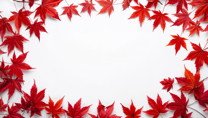 画面周囲を彩る赤いもみじが自然な余白を形成しロゴやCTAが置きやすい設計で印刷物からWebまで対応する汎用の季節ビジュアル.生成AI