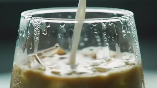 Iced coffee with milk pouring, and closeup.