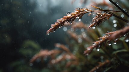 Raindrops on wheatgrass creating a moody and atmospheric closeup scene