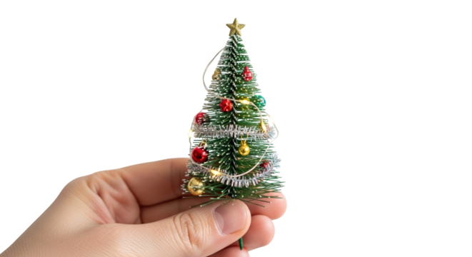 Hand holding a miniature decorated christmas tree with lights and ornaments, isolated on transparent background