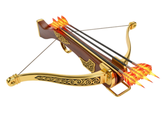Ornate crossbow with fiery arrows set against a stark black background.