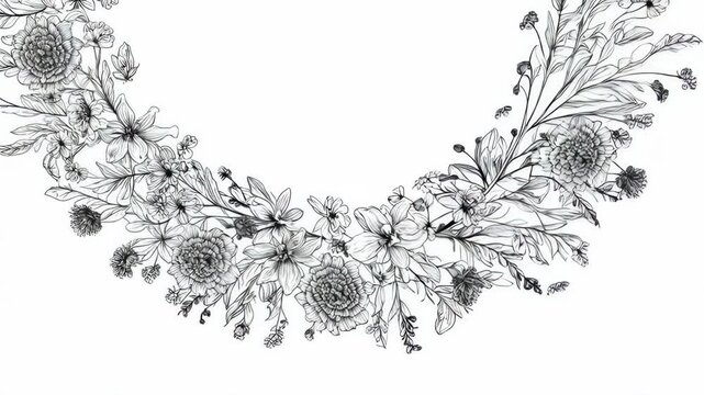 Black and white floral wreath border