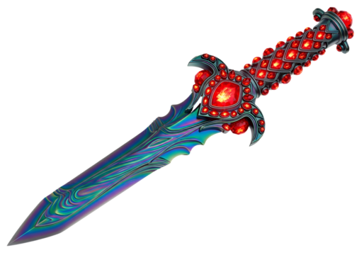 A stylized, iridescent blade, adorned with glowing red gems, showcases intricate craftsmanship and a dramatic effect.