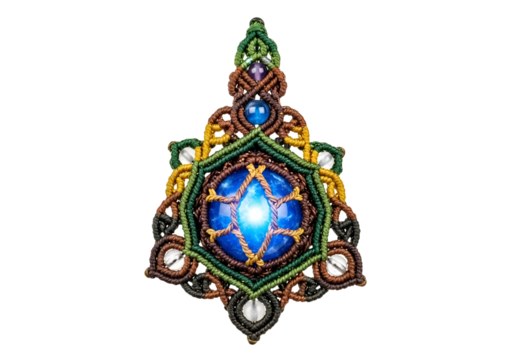 Detailed close-up of a vibrant, intricately knotted pendant, showcasing a large, luminous blue stone at its center, surrounded by a mandala pattern of colorful knots and beads.