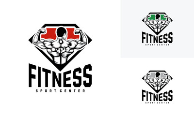 Set of Fitness logo badge with muscle man, Gymnastic logo template vector, Body Build logo badge