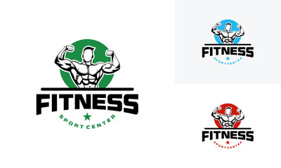 Set of Fitness logo badge with muscle man, Gymnastic logo template vector, Body Build logo badge