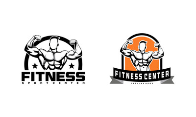Set of Fitness logo badge with muscle man, Gymnastic logo template vector, Body Build logo badge