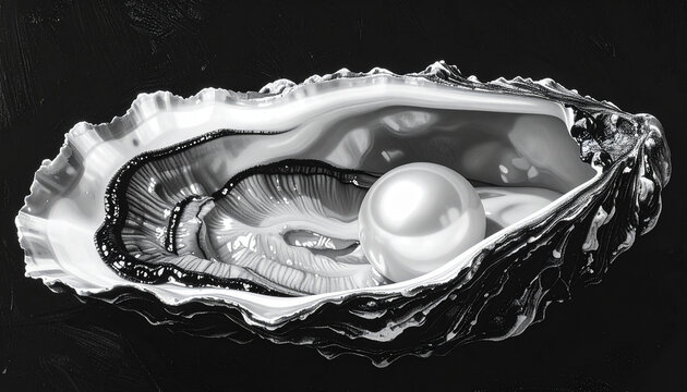 Pearls with an open oyster shell on a dark background close-up; black and white; 