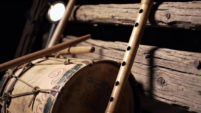A rustic scene featuring a traditional drum with painted designs, a wooden flute, and drumsticks leaning against a weathered log wall.
