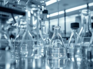 Close-up view of laboratory glassware filled with transparent liquid in a modern research lab. Scientific equipment and chemical containers used for experiments, analysis, and innovation in medicine.