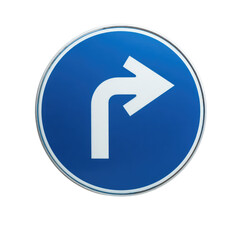Blue circular road sign indicating a mandatory turn to the right. background removed