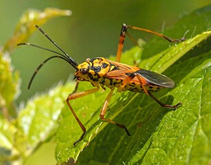 Vibrant Yellow-Orange Insect on Lush Green Leaf