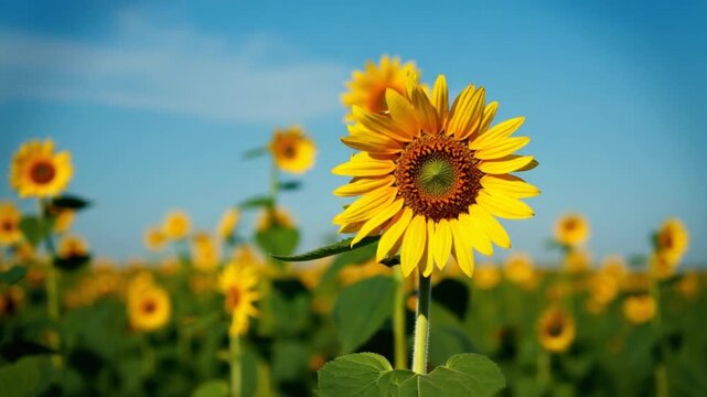 Sunflowers bloom in vibrant fields under bright blue sky during midday