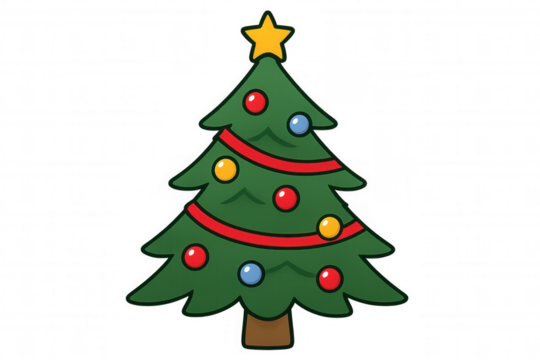Christmas tree illustration with star and ornaments, celebrating holiday season, winter festivities, and goodwill on transparent background - Powered by Adobe