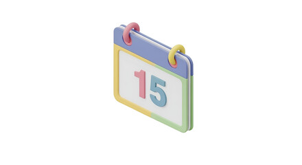 Colorful 3D Calendar Icon with Number Fifteen on Transparent Background