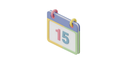 Colorful 3D Calendar Icon with Number Fifteen on Transparent Background