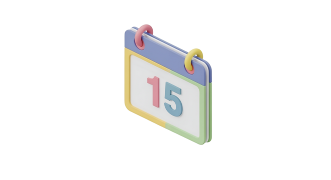 Colorful 3D Calendar Icon with Number Fifteen on Transparent Background