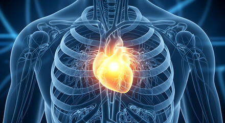 Anatomical Human Heart Illustration with Rib Cage in Blue Tones