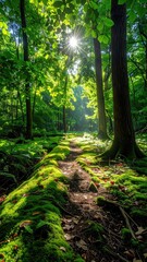 Sunlit Forest Path with Mossy Ground