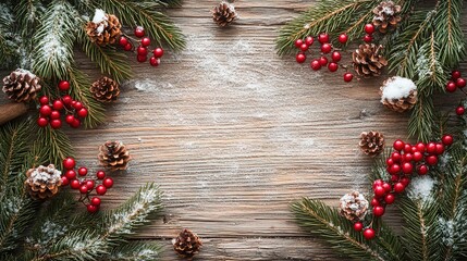 Christmas - themed Wooden Background with Pine Branches, Cones, Red Berries and Snow