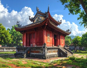 Vietnamese Architectural Wonder under a Sky of Clouds