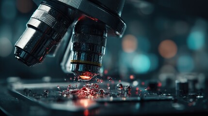 Close-up of a microscope lens examining a sample with splashing drops