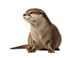 A captivating otter, in profile view, displays rich brown fur against a stark black backdrop.