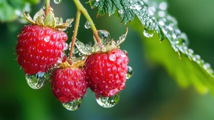 Close-up view of fresh raspberries covered in water droplets.