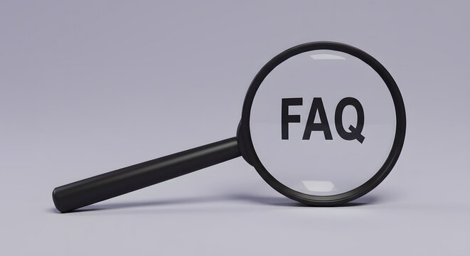 Magnifying glass with FAQ - frequently asked question, inscription on a gray background