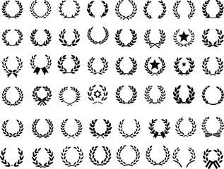 A large collection of black silhouette laurel wreath icons, representing victory, honor, and achievement.
