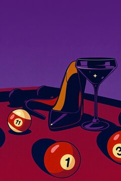 A pair of black high heels and a starry cocktail rest on a red pool table in this chic pop art piece.

