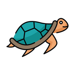 A cartoon sea turtle with a teal shell and orange limbs