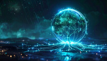 Luminous biosphere containing vibrant tree on digital plane