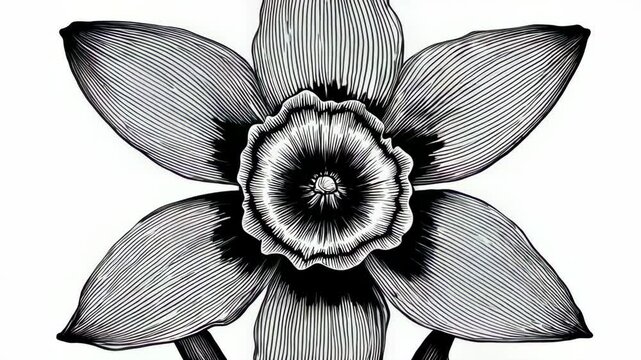 Detailed black and white line drawing of a daffodil flower