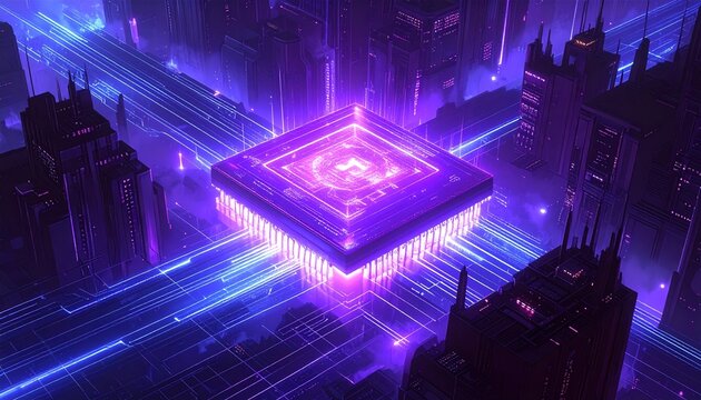 Illuminated processor dominates futuristic cyberpunk cityscape