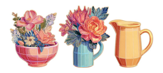 Floral Arrangements in Colorful Vessels Isolated on Transparent Background
