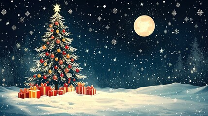 Obraz premium Snowy Christmas Tree Under Full Moon with Presents in Winter Forest