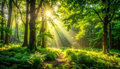 Sunbeams pierce a lush green forest, illuminating a pathway. Tall trees frame the light, casting shadows and highlighting vibrant foliage