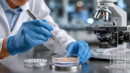 Scientist in laboratory uses pipette to transfer samples into petri dish, showcasing precision and focus in research