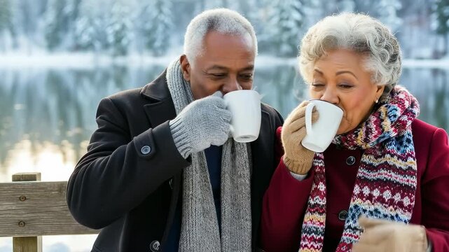 Elderly African American couple enjoying warm coffee on a snowy lakeside bench, wrapped in scarves and coats, smiling affectionately amidst a serene winter landscape