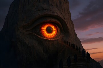 Colossal Mountain Eye Temple with Fiery Iris at Sunset