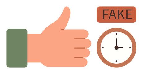 Thumbs-up hand beside clock and fake tag highlighting approval and deception concepts. Ideal for authenticity, time, trust, risk, decision-making, ethics, misinformation. Flat minimal metaphor