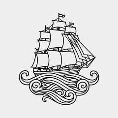 A black and white line art illustration of a vintage tall sailing ship navigating stylized, swirling ocean waves.
