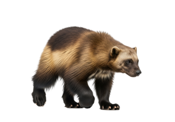 A side profile of a wolverine, showcasing its thick, rich fur, and alert expression, set against a stark black background.