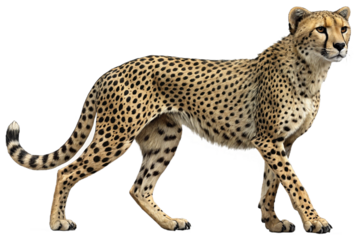 A cheetah walking with its distinctive spotted coat and slender body against a black background created with generated ai