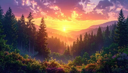 Obraz premium Vibrant Sunset over Misty Mountain Forest